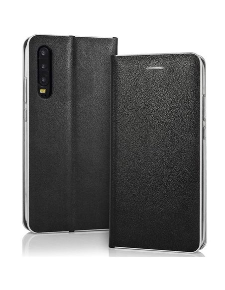 CUSTODIA per HUAWEI P30 - FLIP ORIZZONTALE SIMILPELLE CON CHIUSURA MAGNETICA INVISIBILE ED INTERNO IN TPU NERO CON BORDO SILVER