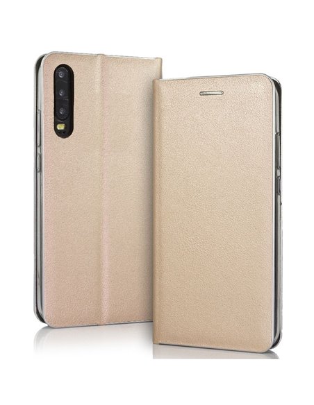 CUSTODIA per HUAWEI P30 - FLIP ORIZZONTALE SIMILPELLE CON CHIUSURA MAGNETICA INVISIBILE ED INTERNO IN TPU ORO CON BORDO SILVER