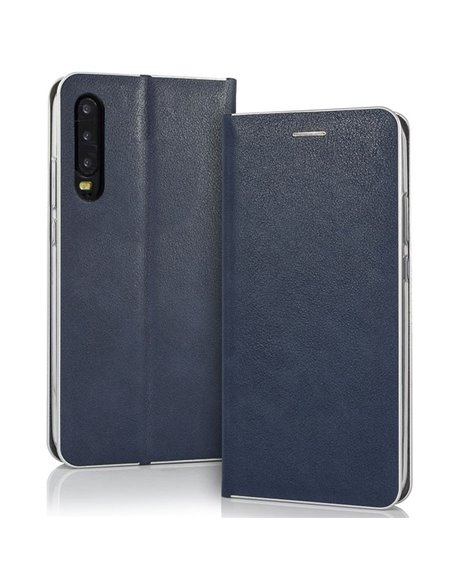 CUSTODIA per HUAWEI P30 - FLIP ORIZZONTALE SIMILPELLE CON CHIUSURA MAGNETICA INVISIBILE ED INTERNO IN TPU BLU CON BORDO SILVER