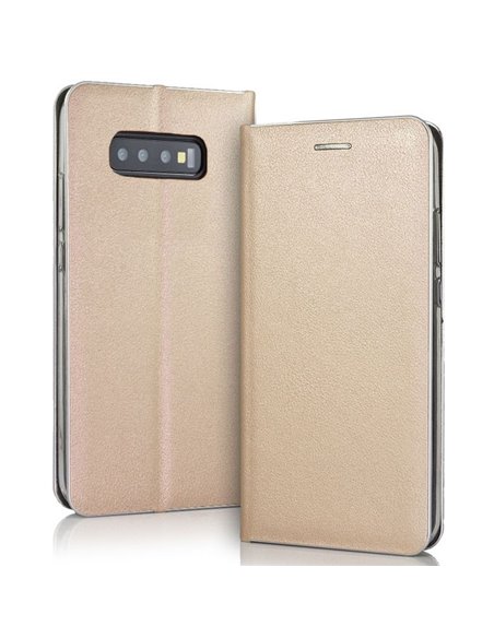 CUSTODIA per SAMSUNG GALAXY S10 (G973) - FLIP ORIZZONTALE SIMILPELLE CHIUSURA MAGNETICA INVISIBILE COLORE ORO CON BORDO SILVER