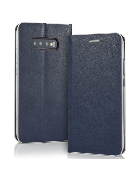 CUSTODIA per SAMSUNG GALAXY S10 (G973) - FLIP ORIZZONTALE SIMILPELLE CHIUSURA MAGNETICA INVISIBILE COLORE BLU CON BORDO SILVER