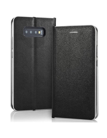 CUSTODIA per SAMSUNG GALAXY S10 PLUS (G975) - FLIP ORIZZONTALE SIMILPELLE CHIUSURA MAGNETICA INVISIBILE NERO CON BORDO SILVER