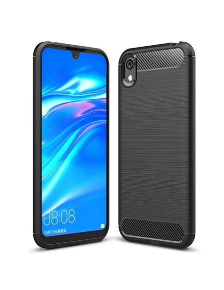 CUSTODIA per HUAWEI Y5 2019, HONOR 8S IN GEL TPU SILICONE EFFETTO METALLICO CON INSERTI IN FANTASIA CARBONIO COLORE NERO