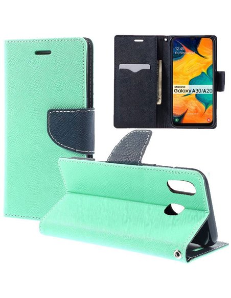 CUSTODIA per SAMSUNG GALAXY A30, GALAXY A20 - FLIP ORIZZONTALE CON CHIUSURA MAGNETICA E INTERNO IN TPU COLORE VERDE ACQUA