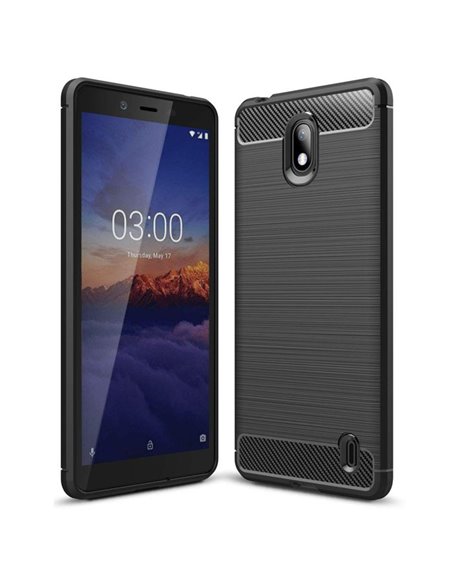 CUSTODIA per NOKIA 1 PLUS (5.45') IN GEL TPU SILICONE EFFETTO METALLICO CON INSERTI IN FANTASIA CARBONIO COLORE NERO