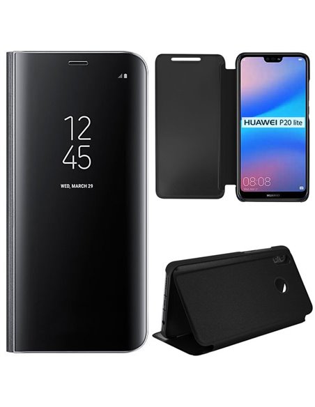 CUSTODIA per HUAWEI P20 LITE - FLIP ORIZZONTALE CLEAR VIEW STANDING COVER COLORE NERO