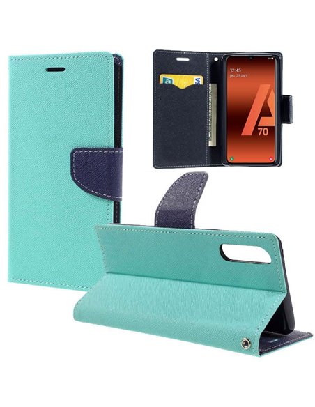 CUSTODIA per SAMSUNG GALAXY A70 (SM-A705), GALAXY A70s (SM-A707) - FLIP ORIZZONTALE CON INTERNO IN TPU E PORTA CARTE VERDE ACQUA