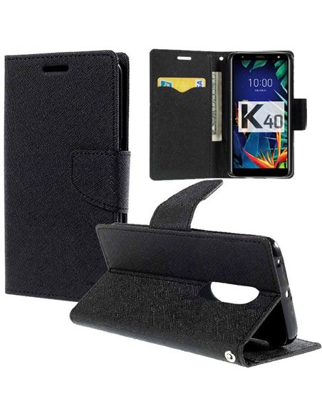 CUSTODIA per LG K40, K12+, X4 (2019) - FLIP ORIZZONTALE CON INTERNO IN TPU SILICONE, STAND E CHIUSURA MAGNETICA COLORE NERO