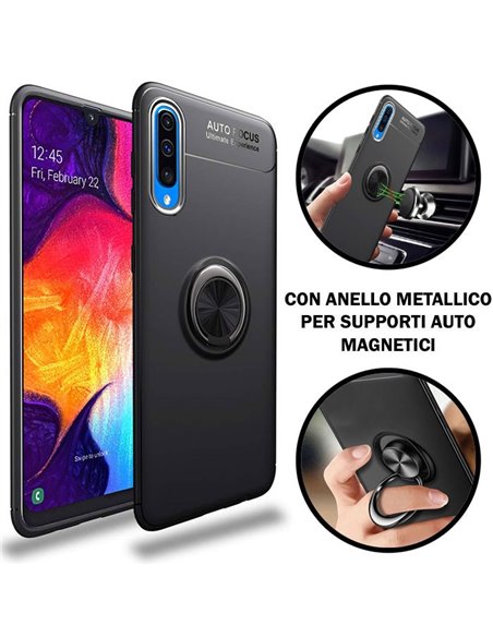 CUSTODIA per SAMSUNG GALAXY A50 (SM-A505), A30s (SM-A307), A50s (SM-A507) IN GEL TPU CON SUPPORTO ANELLO METALLICO GIREVOLE NERO