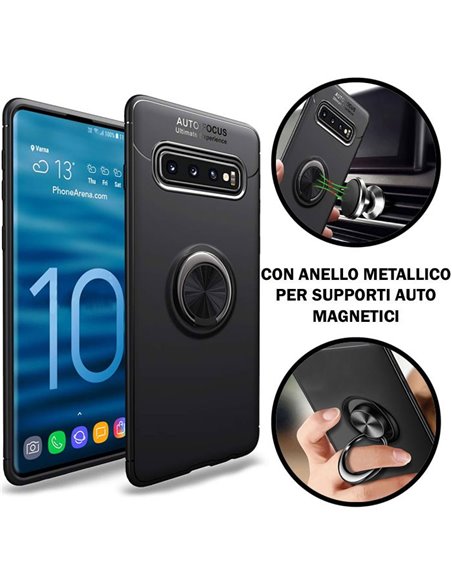 CUSTODIA per SAMSUNG GALAXY S10 (SM-G973) IN GEL TPU SILICONE CON SUPPORTO AD ANELLO METALLICO GIREVOLE COLORE NERO