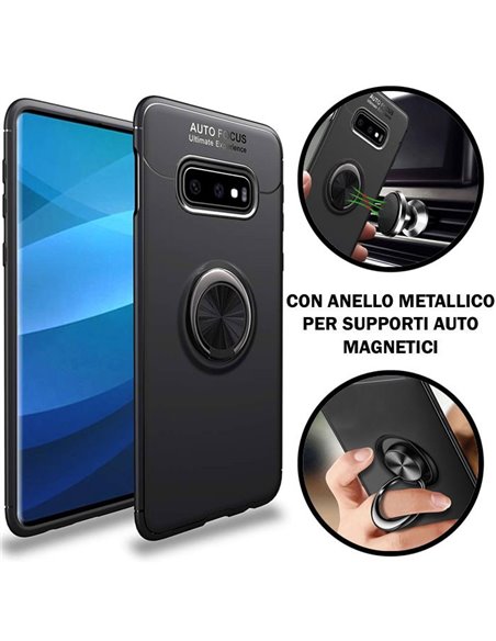 CUSTODIA per SAMSUNG GALAXY S10e (SM-G970) IN GEL TPU SILICONE CON SUPPORTO AD ANELLO METALLICO GIREVOLE COLORE NERO