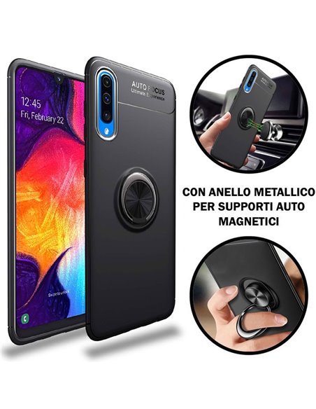 CUSTODIA per SAMSUNG GALAXY A70 (SM-A705), GALAXY A70s (SM-A707) GEL TPU CON SUPPORTO AD ANELLO METALLICO GIREVOLE COLORE NERO