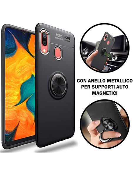 CUSTODIA per SAMSUNG GALAXY A30 (A305), A20 (A205) IN GEL TPU SILICONE CON SUPPORTO AD ANELLO METALLICO GIREVOLE COLORE NERO