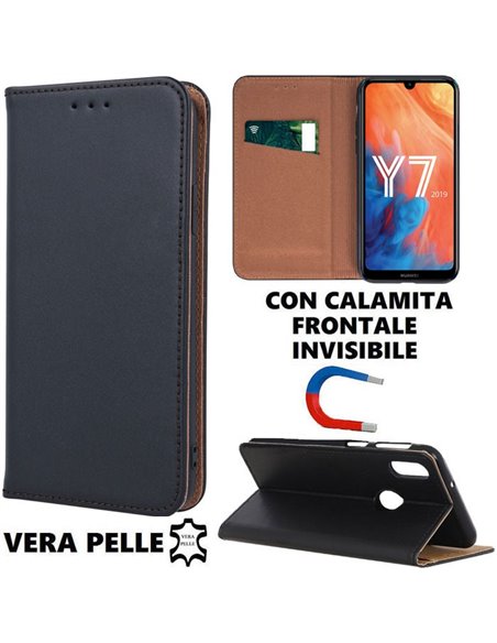 CUSTODIA per HUAWEI Y7 2019, Y7 PRIME 2019 - FLIP ORIZZONTALE VERA PELLE CON CHIUSURA MAGNETICA INVISIBILE E INTERNO IN TPU NERO