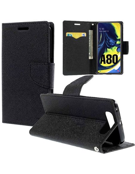 CUSTODIA per SAMSUNG GALAXY A80 (SM-A805), A90 - FLIP ORIZZONTALE CON STAND, INTERNO IN TPU SILICONE E PORTA CARTE COLORE NERO