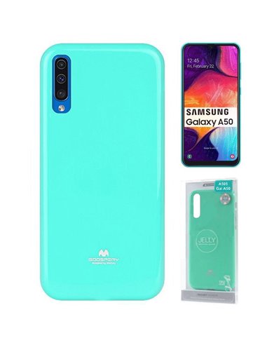 CUSTODIA per SAMSUNG GALAXY A50 (SM-A505), A30s (SM-A307), A50s (SM-A507) IN GEL TPU VERDE ACQUA LUCIDO CON GLITTER ALTA QUALITA