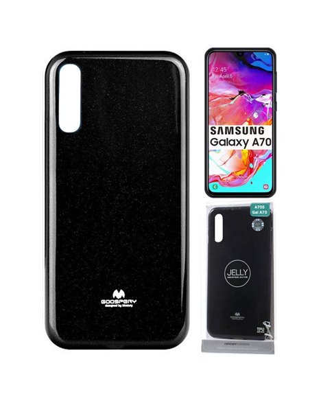 CUSTODIA per SAMSUNG GALAXY A70 (SM-A705), GALAXY A70s (SM-A707) IN GEL TPU NERO LUCIDO CON GLITTER ALTA QUALITA' MERCURY BLISTE