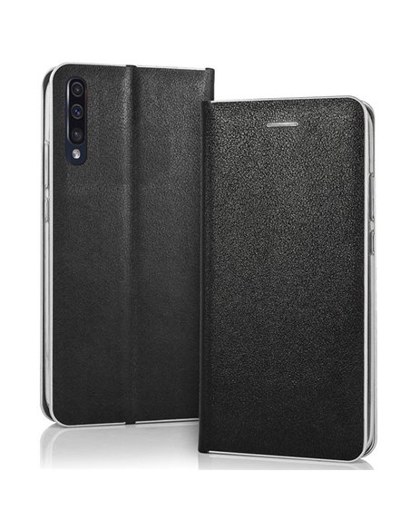 CUSTODIA per SAMSUNG GALAXY A70, A70s - FLIP ORIZZONTALE SIMILPELLE CHIUSURA MAGNETICA INVISIBILE COLORE NERO CON BORDO SILVER