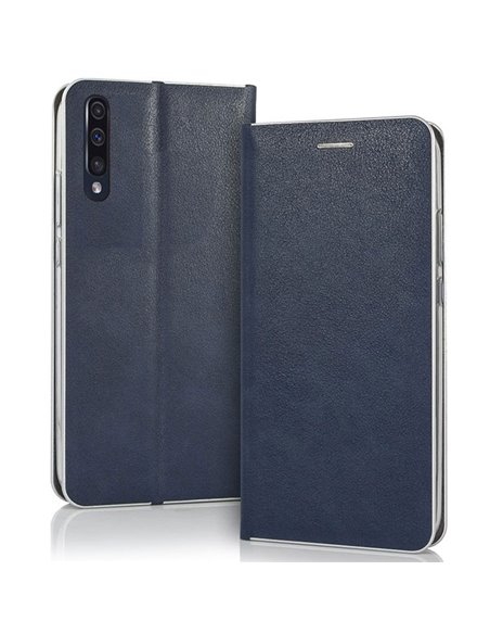 CUSTODIA per SAMSUNG GALAXY A70, A70s - FLIP ORIZZONTALE SIMILPELLE CHIUSURA MAGNETICA INVISIBILE COLORE BLU CON BORDO SILVER