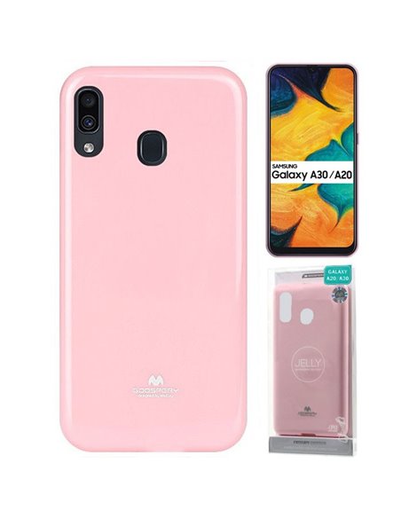 CUSTODIA per SAMSUNG GALAXY A30 (A305), A20 (A205) IN GEL TPU SILICONE ROSA LUCIDO CON GLITTER ALTA QUALITA' MERCURY BLISTER