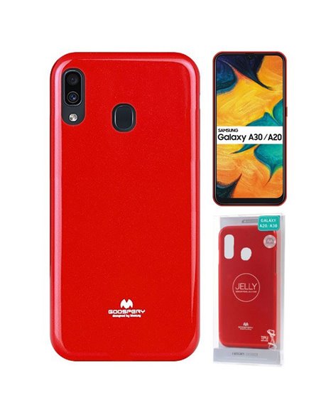 CUSTODIA per SAMSUNG GALAXY A30 (A305), A20 (A205) IN GEL TPU SILICONE ROSSO LUCIDO CON GLITTER ALTA QUALITA' MERCURY BLISTER