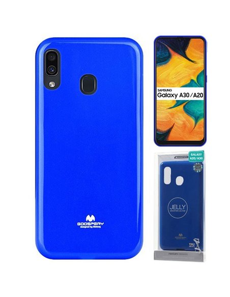 CUSTODIA per SAMSUNG GALAXY A30 (A305), A20 (A205) IN GEL TPU SILICONE BLU LUCIDO CON GLITTER ALTA QUALITA' MERCURY BLISTER