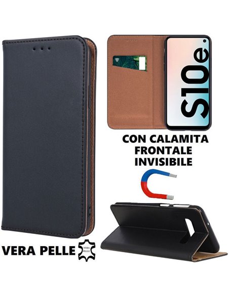 CUSTODIA per SAMSUNG GALAXY S10e (SM-G970) - FLIP ORIZZONTALE VERA PELLE CON CHIUSURA MAGNETICA INVISIBILE E INTERNO IN TPU NERO