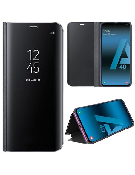 CUSTODIA per SAMSUNG GALAXY A40 (SM-A405) - FLIP ORIZZONTALE CLEAR VIEW STANDING COVER COLORE NERO