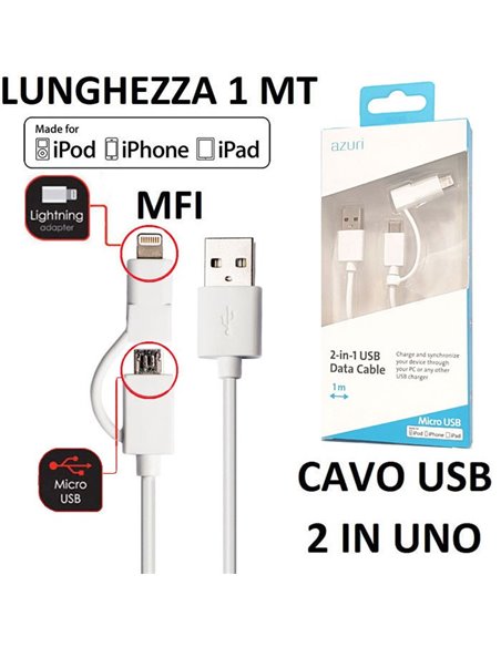 CAVO USB 2IN1 CON DOPPIO ATTACCO LIGHTNING E MICRO USB con CERTIFICATO MFI - LUNGHEZZA 1 MT COLORE BIANCO AZURI BLISTER