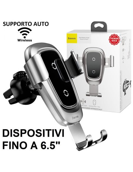 SUPPORTO AUTO UNIVERSALE IN ALLUMINIO CON FISSAGGIO PER BOCCHETTE D'ARIA + RICARICA WIRELESS COLORE NERO E GRIGIO BASEUS