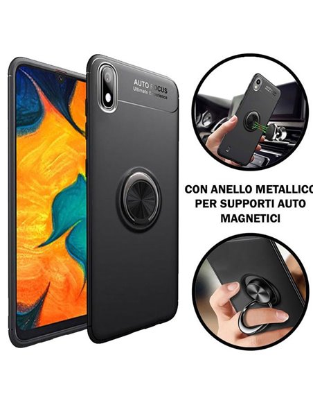 CUSTODIA per SAMSUNG GALAXY A10 (SM-A105) IN GEL TPU SILICONE CON SUPPORTO AD ANELLO METALLICO GIREVOLE COLORE NERO