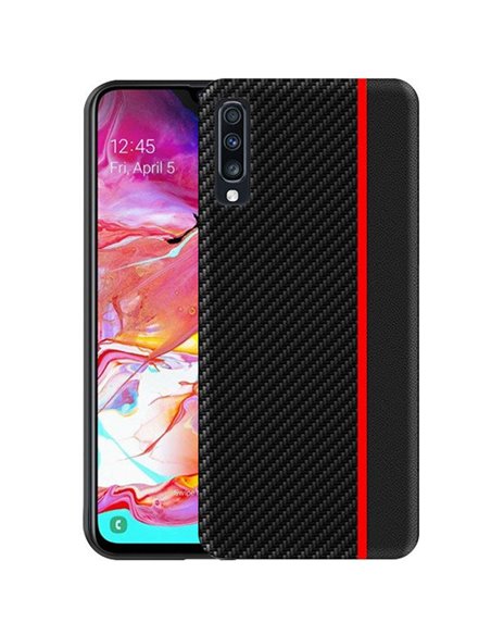 CUSTODIA per SAMSUNG GALAXY A70 (SM-A705), GALAXY A70s (SM-A707) IN GEL TPU COLORE NERO EFFETTO CARBONIO CON INSERTO ROSSO