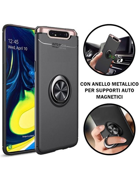 CUSTODIA per SAMSUNG GALAXY A80 (SM-A805), A90 IN GEL TPU SILICONE CON SUPPORTO AD ANELLO METALLICO GIREVOLE COLORE NERO