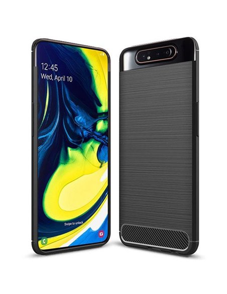 CUSTODIA per SAMSUNG GALAXY A80 (SM-A805), A90 IN GEL TPU SILICONE EFFETTO METALLICO CON INSERTI IN FANTASIA CARBONIO NERO