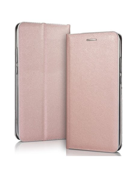 CUSTODIA per HUAWEI  Y7 2019, Y7 PRIME 2019 - FLIP ORIZZONTALE SIMILPELLE CHIUSURA MAGNETICA INVISIBILE ROSA ORO BORDO SILVER