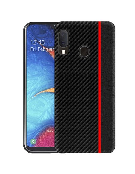 CUSTODIA per SAMSUNG GALAXY A20e (SM-A202) IN GEL TPU SILICONE COLORE NERO EFFETTO CARBONIO CON INSERTO ROSSO