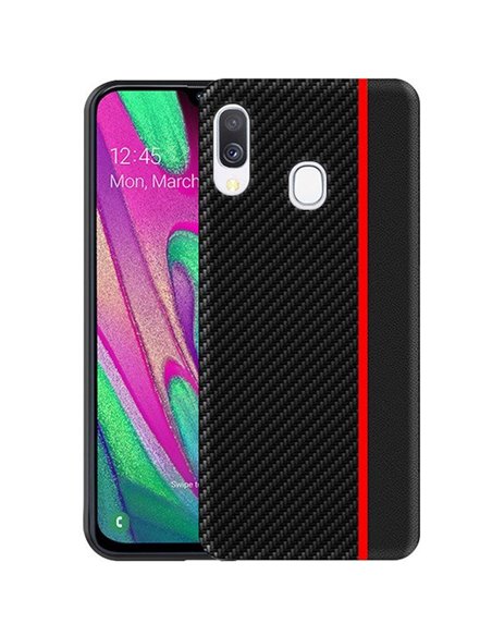 CUSTODIA per SAMSUNG GALAXY A40 (SM-A405) IN GEL TPU SILICONE COLORE NERO EFFETTO CARBONIO CON INSERTO ROSSO