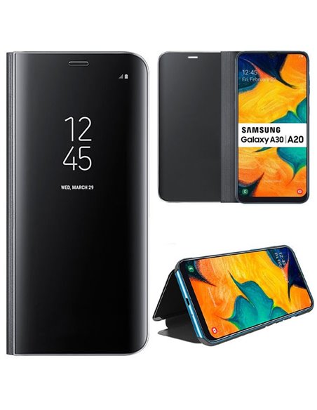 CUSTODIA per SAMSUNG GALAXY A30 (SM-A305), GALAXY A20 (SM-A205) - FLIP ORIZZONTALE CLEAR VIEW STANDING COVER COLORE NERO