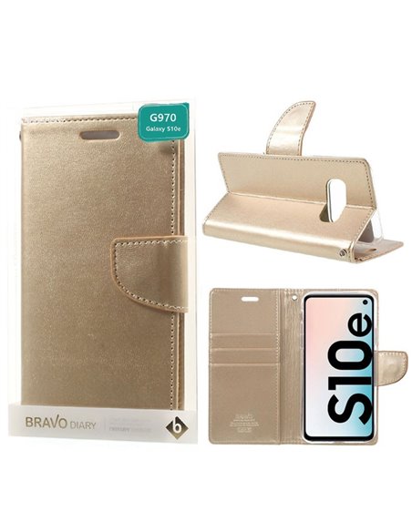 CUSTODIA per SAMSUNG GALAXY S10e (SM-G970) - FLIP ORIZZONTALE SIMILPELLE CON INTERNO IN TPU E STAND COLORE ORO BRAVO