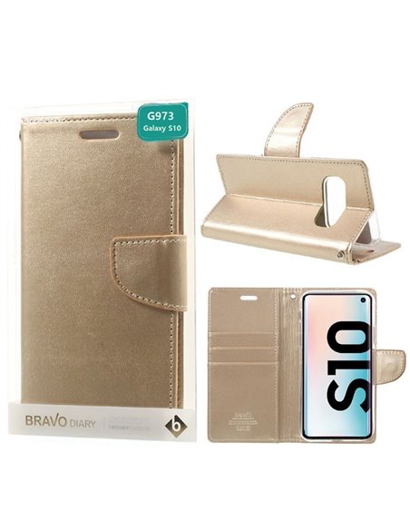 CUSTODIA per SAMSUNG GALAXY S10 (SM-G973) - FLIP ORIZZONTALE SIMILPELLE CON INTERNO IN TPU E STAND COLORE ORO BRAVO