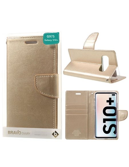 CUSTODIA per SAMSUNG GALAXY S10 PLUS (SM-G975) - FLIP ORIZZONTALE SIMILPELLE CON INTERNO IN TPU E STAND COLORE ORO BRAVO