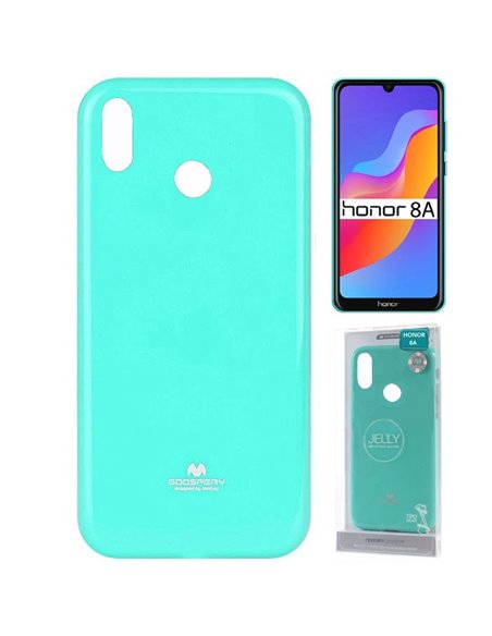 CUSTODIA per HUAWEI Y6s (2019), HONOR 8A IN GEL TPU SILICONE COLORE VERDE ACQUA LUCIDO CON GLITTER ALTA QUALITA' MERCURY BLISTER