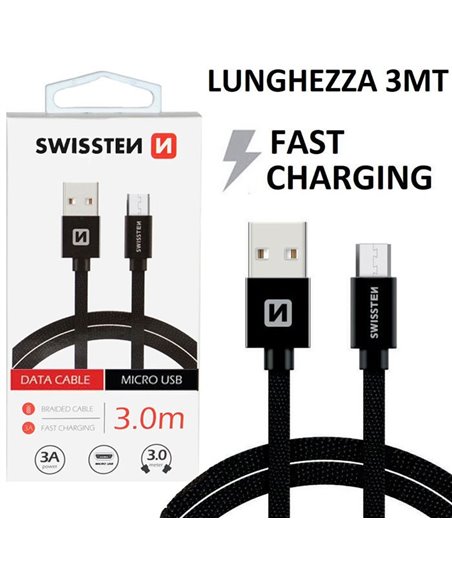 CAVO MICRO USB IN TESSUTO CON SUPPORTO FAST CHARGING 3A - LUNGHEZZA 3 MT COLORE NERO SWISSTEN 71527300 BLISTER