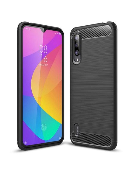 CUSTODIA per XIAOMI MI A3, MI CC9e IN GEL TPU SILICONE EFFETTO METALLICO CON INSERTI IN FANTASIA CARBONIO COLORE NERO