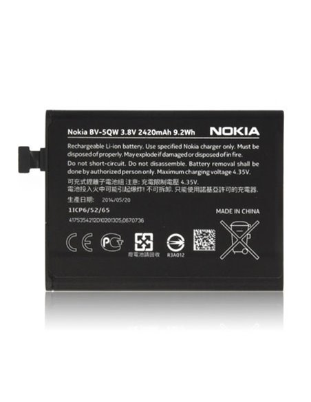 BATTERIA NOKIA BV-5QW per LUMIA ICON 929, LUMIA 930 2420 mAh LI-ION BULK