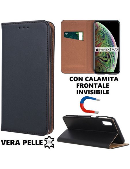 CUSTODIA APPLE IPHONE XS MAX (6.5') - FLIP ORIZZONTALE VERA PELLE CON CHIUSURA MAGNETICA INVISIBILE E INTERNO IN TPU NERO