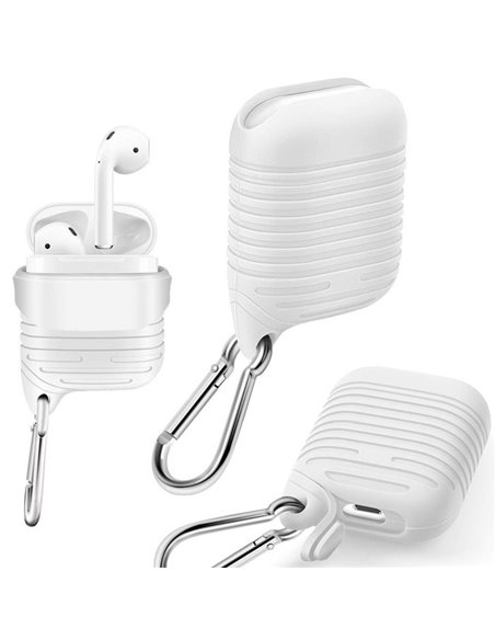 CUSTODIA IN GEL TPU SILICONE PER APPLE AIRPODS CON MOSCHETTONE, PROTEZIONE DEL PULSANTE E FORO PER RICARICA COLORE BIANCO