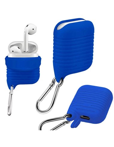 CUSTODIA IN GEL TPU SILICONE PER APPLE AIRPODS CON MOSCHETTONE, PROTEZIONE DEL PULSANTE E FORO PER RICARICA COLORE BLU