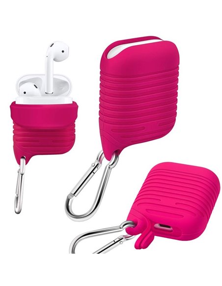 CUSTODIA IN GEL TPU SILICONE PER APPLE AIRPODS CON MOSCHETTONE, PROTEZIONE DEL PULSANTE E FORO PER RICARICA COLORE FUCSIA