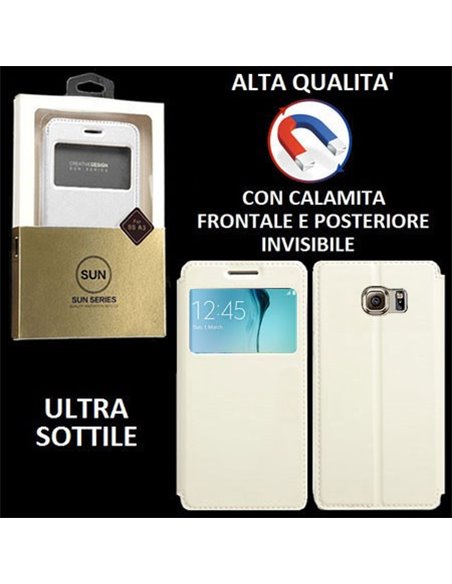 CUSTODIA FLIP ORIZZONTALE PELLE per SAMSUNG SM-G925 GALAXY S6 EDGE con CHIUSURA MAGNETICA INVISIBILE ED INTERNO IN TPU BIANCO